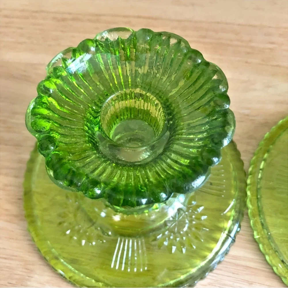 Pier 1 Imports Green Pressed Glass Chambersticks Taper Candlestick Holders Set 2